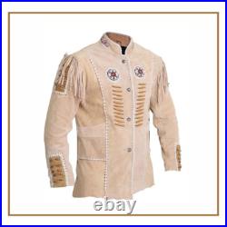Men's Western Suede Leather Fringe Jacket Native American Cowboy Shirt Style