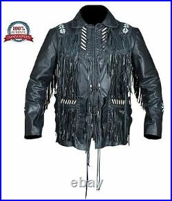 Men's Western Wear Black Cowhide Leather Fringe Jacket beads Braid NJ10