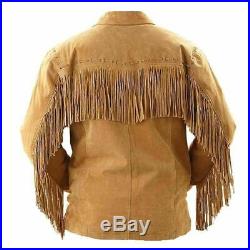 Men's Western Wear Tan Suede Leather With Fringe Native American Coat Jacket
