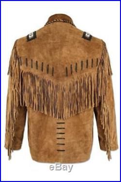 Men's Western Wears Brown Suede Leather Coat Fringed & Beads Jacket