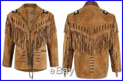 Men's Western Wears Brown Suede Leather Coat Fringed & Beads Jacket