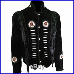 Men's Western coat cowboy suede leather jacket with Fringes Black 00022