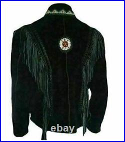 Men's Western coat cowboy suede leather jacket with Fringes Black