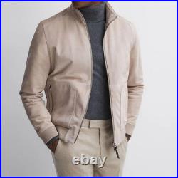 Men's White Bomber jacket Real Cowhide Leather jacket Outwear Aviator Pilot Coat