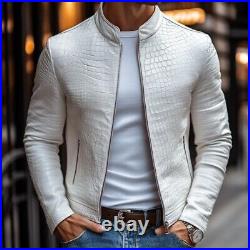 Men's White Sheep Skin Stone Pattern Designer Jacket Genuine Leather White Coat Men's White Sheep Skin Stone Pattern Designer Jacket Genuine Leather White Coat