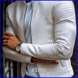 Men's White Sheep Skin Stone Pattern Designer Jacket Genuine Leather White Coat Men's White Sheep Skin Stone Pattern Designer Jacket Genuine Leather White Coat