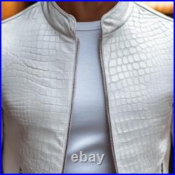 Men's White Sheep Skin Stone Pattern Designer Jacket Genuine Leather White Coat Men's White Sheep Skin Stone Pattern Designer Jacket Genuine Leather White Coat