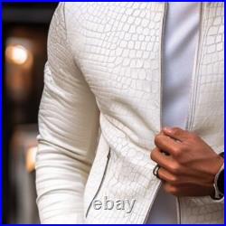 Men's White Sheep Skin Stone Pattern Designer Jacket Genuine Leather White Coat Men's White Sheep Skin Stone Pattern Designer Jacket Genuine Leather White Coat