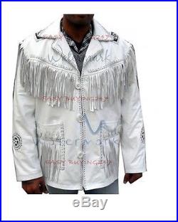 Men's White Traditional Western Cow Leather Jacket coat Fringe Bone and Beads