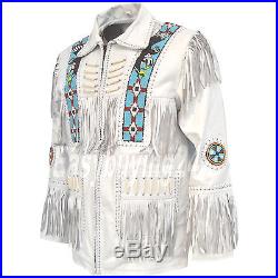 Men's White Western Cowboy Cow Leather Jacket coat With Fringe Bone and Beads
