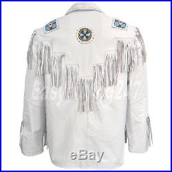 Men's White Western Cowboy Cow Leather Jacket coat With Fringe Bone and Beads