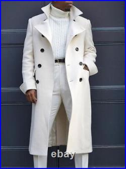 Men's White Woolen Trench Coat Double Breasted Notch Lapel Winter Casual Wear