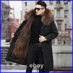 Men's Winter Real Fox Fur Liner Thick Jackets Parka Overcoat Fox Fur Collar New