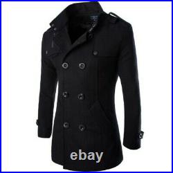 Men's Wool Blend Jacket Double Breasted Trench Coat Slim Fit Business Outwear L
