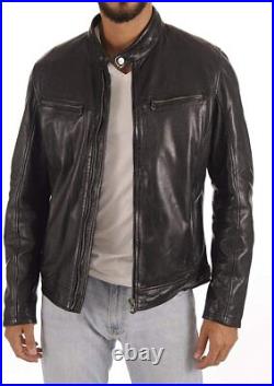 Men's Zip Pockets Genuine Lambskin Real Rider Leather Jacket Black Western Coat