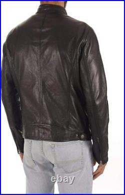 Men's Zip Pockets Genuine Lambskin Real Rider Leather Jacket Black Western Coat