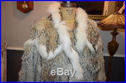Men's large L tan coyote white fox fur leather coat jacket western fringe style