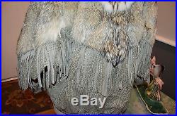 Men's large L tan raccoon white fox fur coat jacket western fringe style