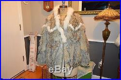 Men's large L tan raccoon white fox fur leather coat jacket western fringe style