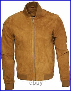 Men's western American Retro Tan Goat Brown Suede Leather Bomber Varsity Jacket