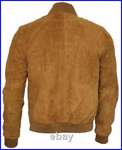 Men's western American Retro Tan Goat Brown Suede Leather Bomber Varsity Jacket