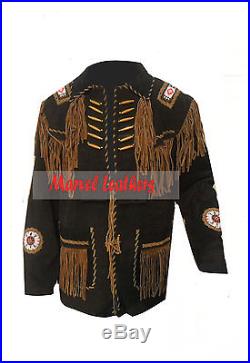 Men western cowboy jacket- men beads and bones fringe suede leather jacket coat