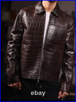 Mens Alligator Embossed genuine Cowhide Leather Brown shirt Zipper Jacket