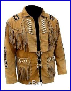 Mens American Western Style Cowboy Leather Jacket with Fringes Bones Beads