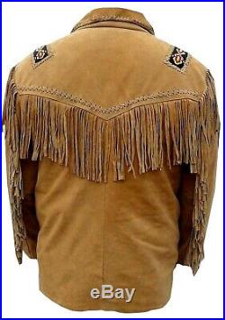 Mens American Western Style Cowboy Leather Jacket with Fringes Bones Beads