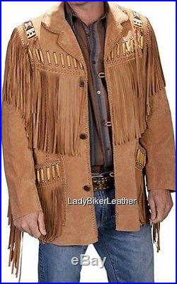 Mens BEADED Brown OR Black BOAR SUEDE Leather WESTERN Tribal FRINGE Jacket COAT