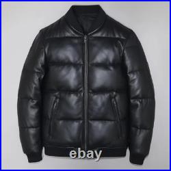 Mens Black Genuine Leather Lambskin Bomber Quilted Down Puffer leather Jacket