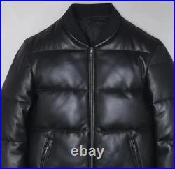 Mens Black Genuine Leather Lambskin Bomber Quilted Down Puffer leather Jacket