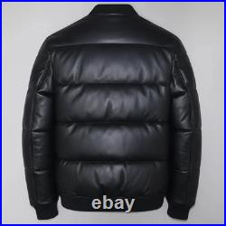 Mens Black Genuine Leather Lambskin Bomber Quilted Down Puffer leather Jacket