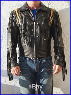 Mens Black Indian Western Style Cowboy Cow Leather Jacket Coat With Fringe Bones