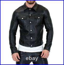 Mens Black Lambskin Leather Trucker Jacket Western Style Coat