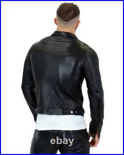 Mens Black Lambskin Leather Trucker Jacket Western Style Coat