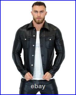 Mens Black Lambskin Leather Trucker Jacket Western Style Coat