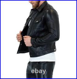 Mens Black Lambskin Leather Trucker Jacket Western Style Coat