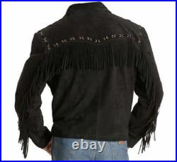 Mens Black Suede Leather Jacket American Fringe Style Western Wear Leather Coat