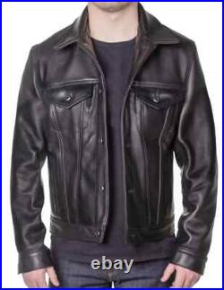 Mens Black Trucker Moto Biker Jacket 100% Pure Lambskin Leather Denim Style Coat Mens Black Trucker Moto Biker Jacket 100% Pure Lambskin Leather Denim Style Coat