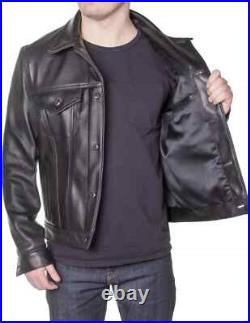 Mens Black Trucker Moto Biker Jacket 100% Pure Lambskin Leather Denim Style Coat Mens Black Trucker Moto Biker Jacket 100% Pure Lambskin Leather Denim Style Coat