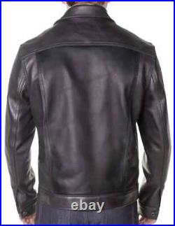 Mens Black Trucker Moto Biker Jacket 100% Pure Lambskin Leather Denim Style Coat Mens Black Trucker Moto Biker Jacket 100% Pure Lambskin Leather Denim Style Coat