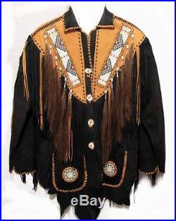 Mens Black Western Leather Jacket With Brown Fringe, Bone Beads XS to 6XL