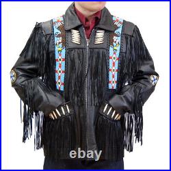 Mens Black Western Leather Wear Cowboy Fringe Native American Coat Jacket