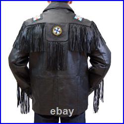 Mens Black Western Leather Wear Cowboy Fringe Native American Coat Jacket