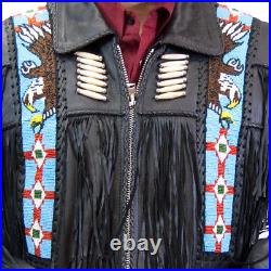 Mens Black Western Leather Wear Cowboy Fringe Native American Coat Jacket