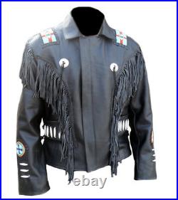 Mens Black Western Style Leather Jacket Cowboy Fringe Cowhide Leather Coat