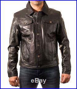 Mens Black leather Casual Denim Jean Styles Star Buttons Western Trucker Jacket