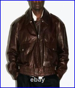 Mens Brown Classic look Bomber Genuine Lambskin Leather Jacket All Size