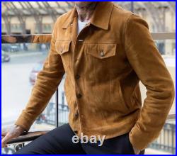 Mens Brown Real Suede Trucker Jacket Custom Made Denim Style Coat Mens Brown Real Suede Trucker Jacket Custom Made Denim Style Coat